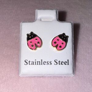 Pink & Black Ladybug Earrings – Stainless Steel